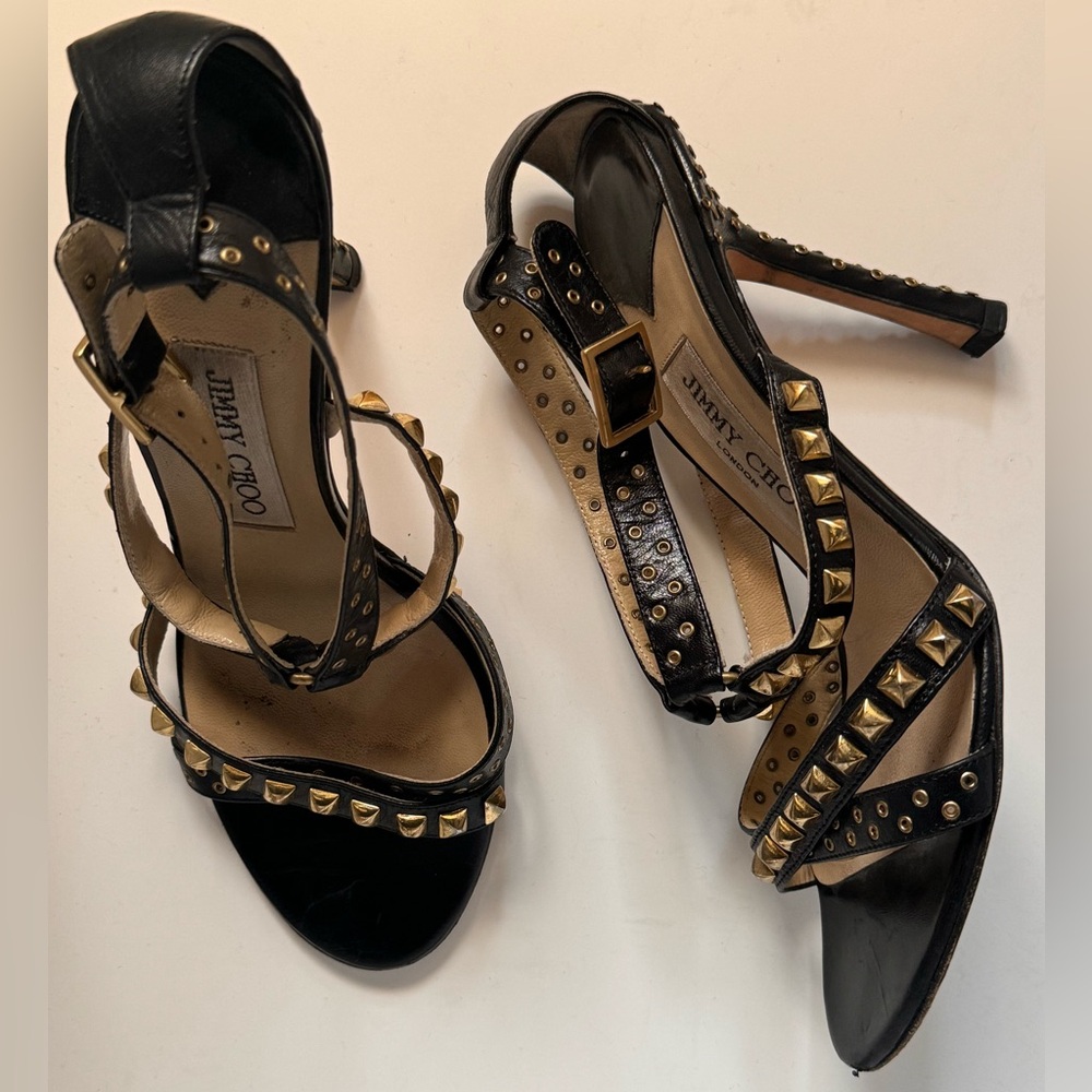 Jimmy Choo Black Strappy with Gold High Heel Size 37